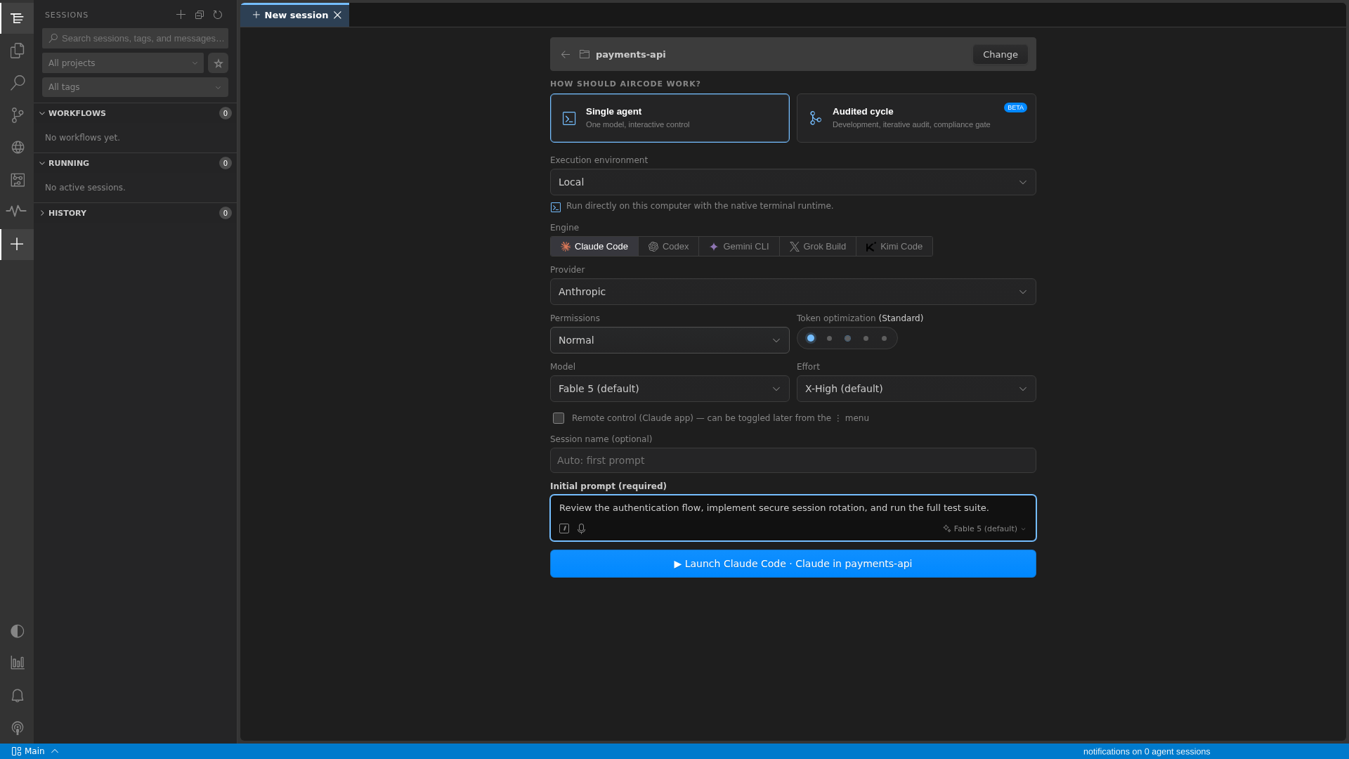 AirCode Ø desktop app showing the controls for launching a coding-agent session
