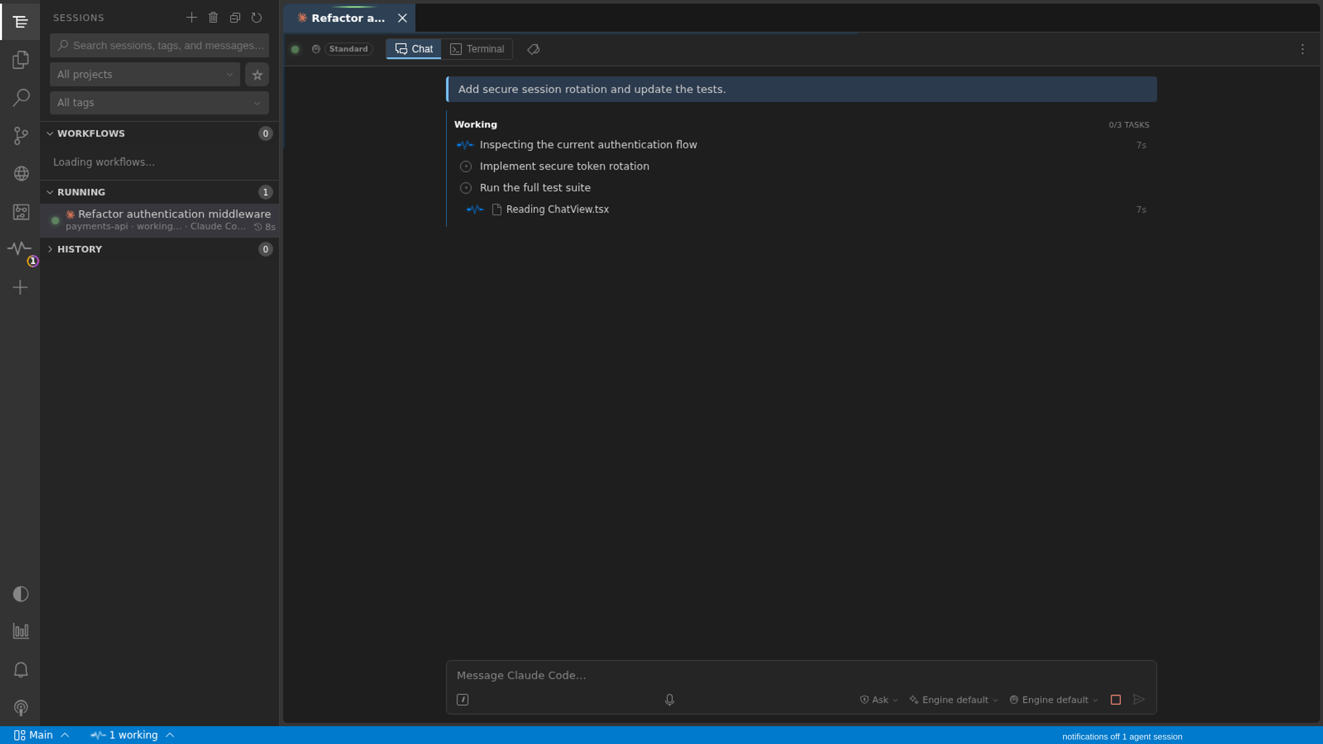AirCode Ø web app in a browser showing a live coding-agent session and its task progress