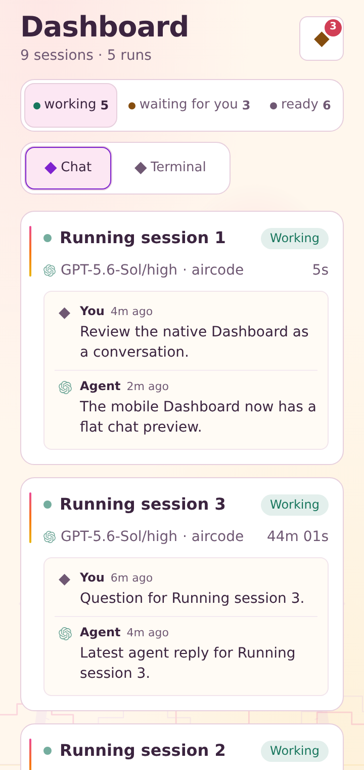 AirCode Ø mobile Dashboard with working, waiting and ready sessions