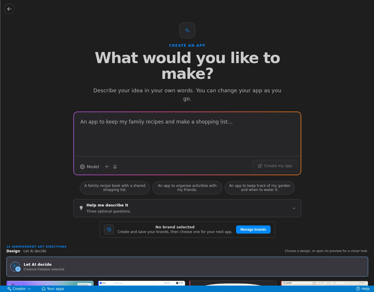 The Creator idea composer with design choices and the Create my app action