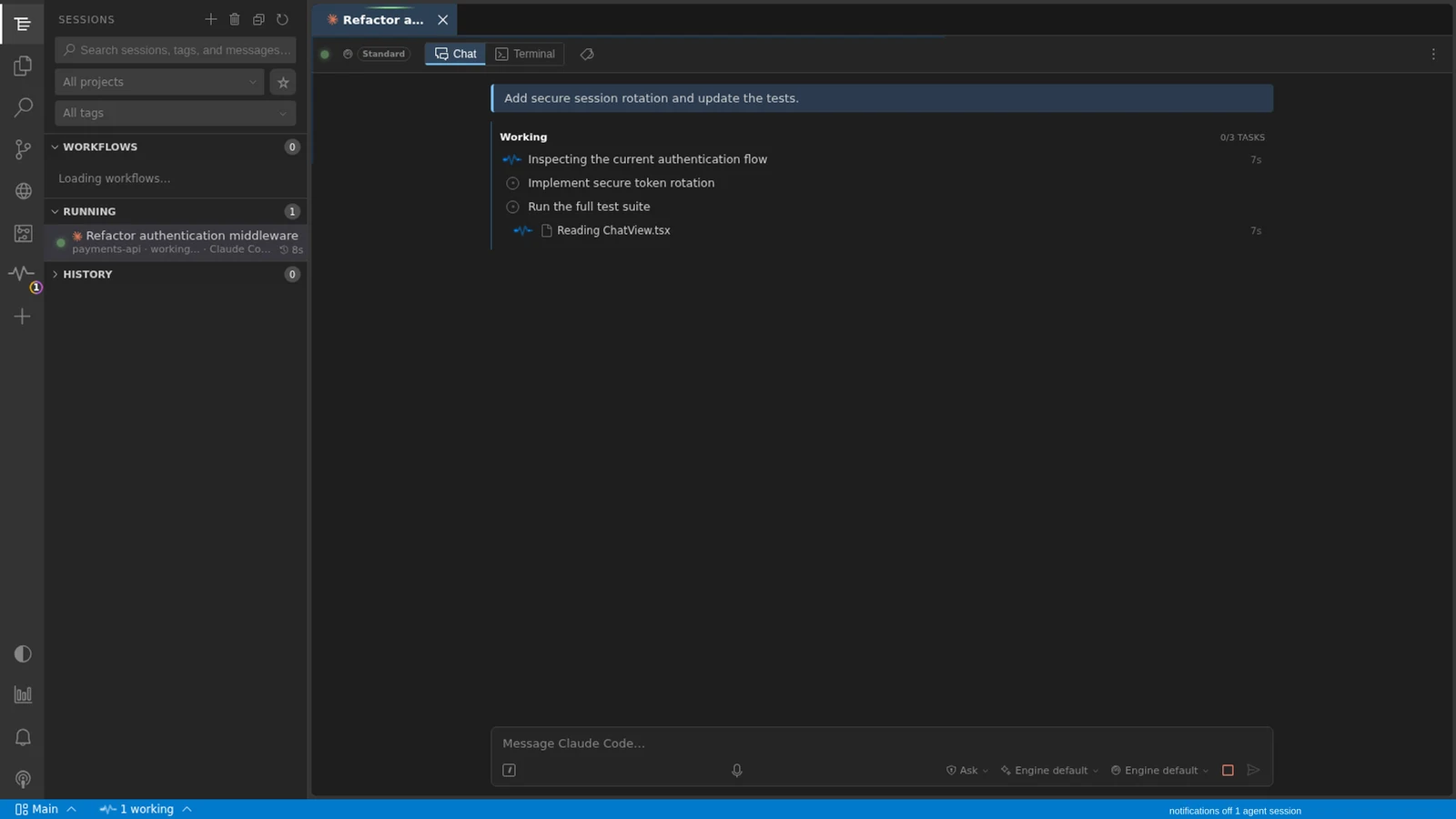 A coding-agent conversation alongside the project workspace and development tools