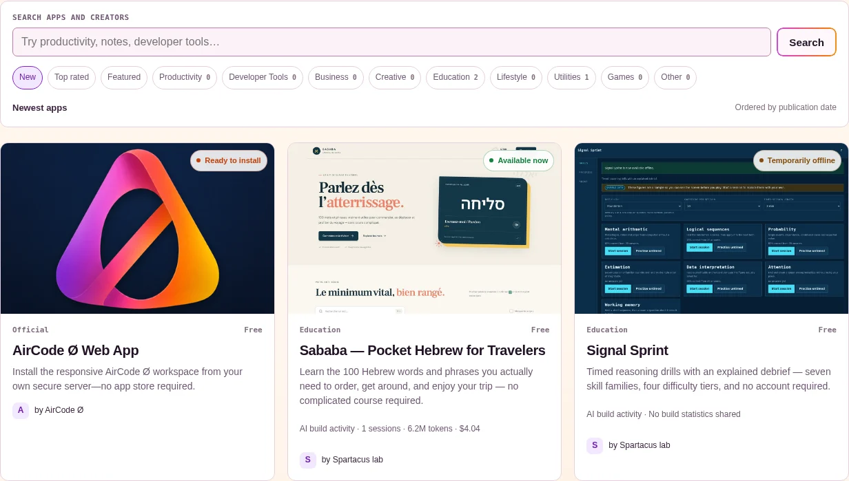The public Marketplace catalogue showing published apps, their creators and availability